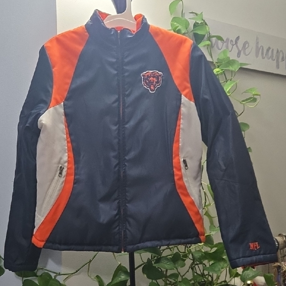 NFL Navy Orange White Reversable Waterproof Jacket Chicago Bears Fan Womans S